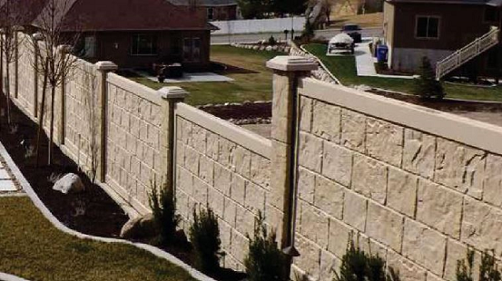 This is Rhino Rock fencing, a pre-fabricated privacy fence option with great durability and an extended warranty